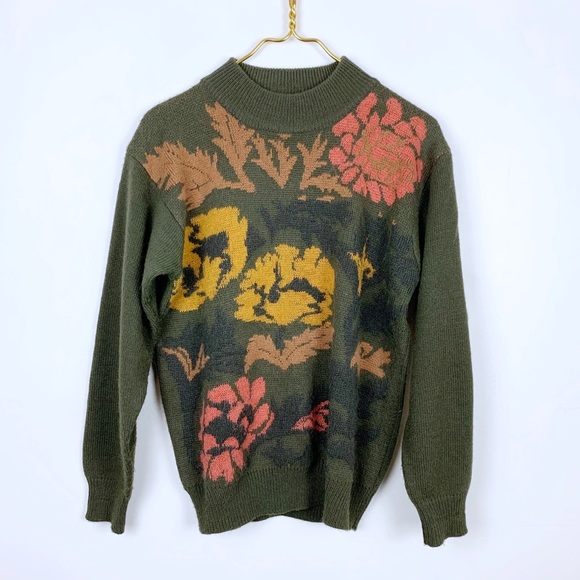 Vintage Sweaters - Vintage Oversized Green Floral Mock Neck Sweater